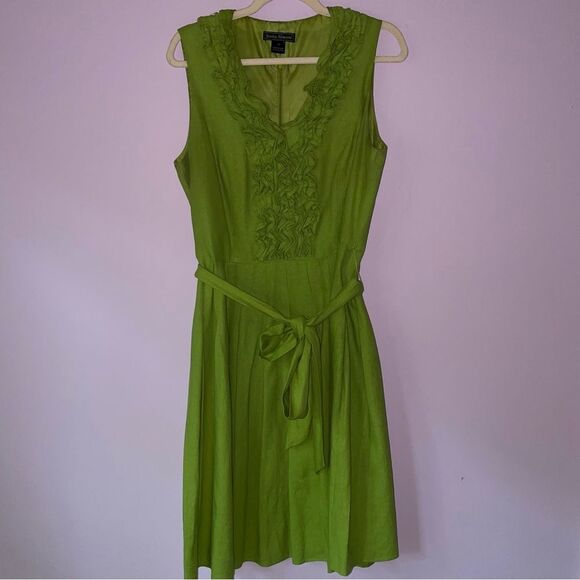 Jessica Howard Dress Size 14 Linen Blend Green Ruffle V Neck Pleated A Line - Picture 1 of 9
